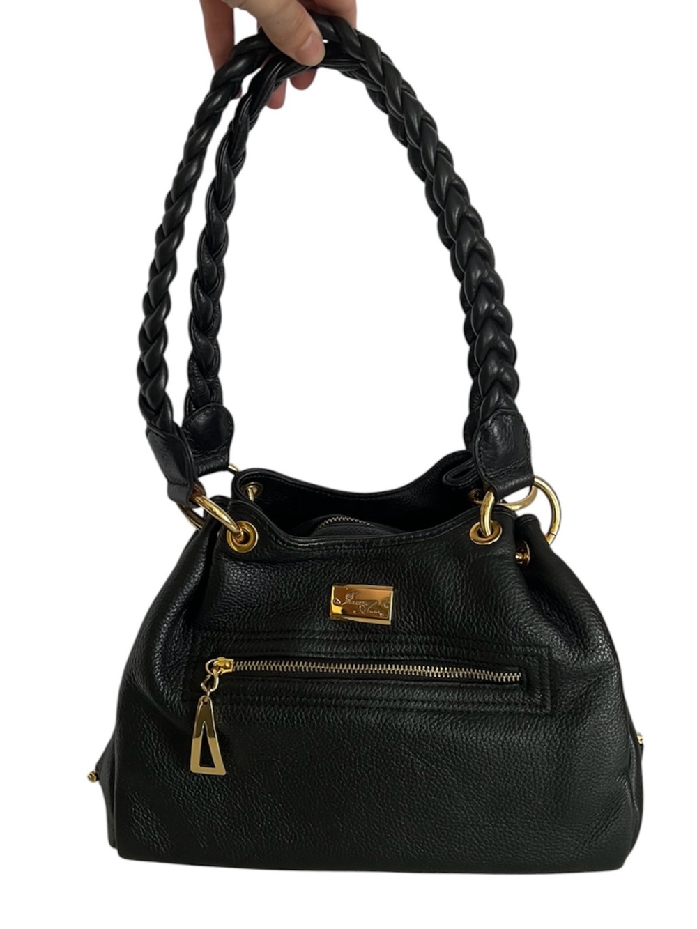 Isabella Adams Leather Hand Bag Shoulder Bag Braided Handles Purse Black